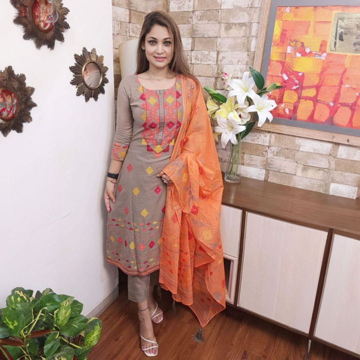 Pure Cotton Unstitched Stylist And Fashionable Screen Print Three-Piece Dress for Woman - Comfortable Choice for All Season