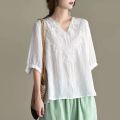 plus Size Women's Clothing New Retro Machine Embroidery Cotton Top Loose V Collar Half Sleeve Shirt Women's Shirt Pullover. 