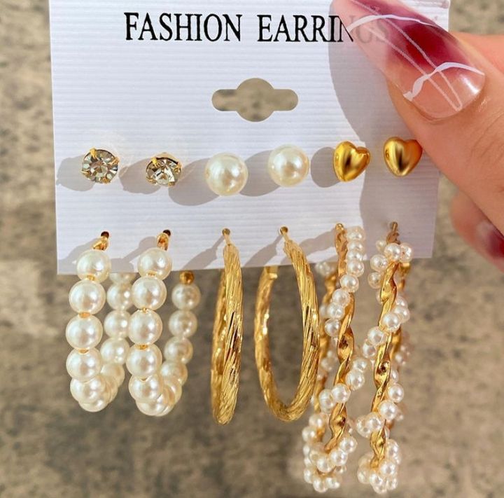 New Fashionable Trendy Pairs 12 Pcs Pearl Stud Earrings for Girls  Simple Stylish Big Hoop Earrings Set for Women Top Kaner Dul for Girls 