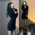 【Stepmother Dress】Spring and Autumn Black Dress Hepburn Style Women's Summer Elegant Knitted Zipper Stretch Slim-Fit Sheath Dress. 
