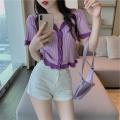 v Collar T T-shirt Short-Sleeved Summer Clothes Hot Girl Ice Silk Knitted Cardigan Design Sense Navel Purple Short Top Niche Style. 