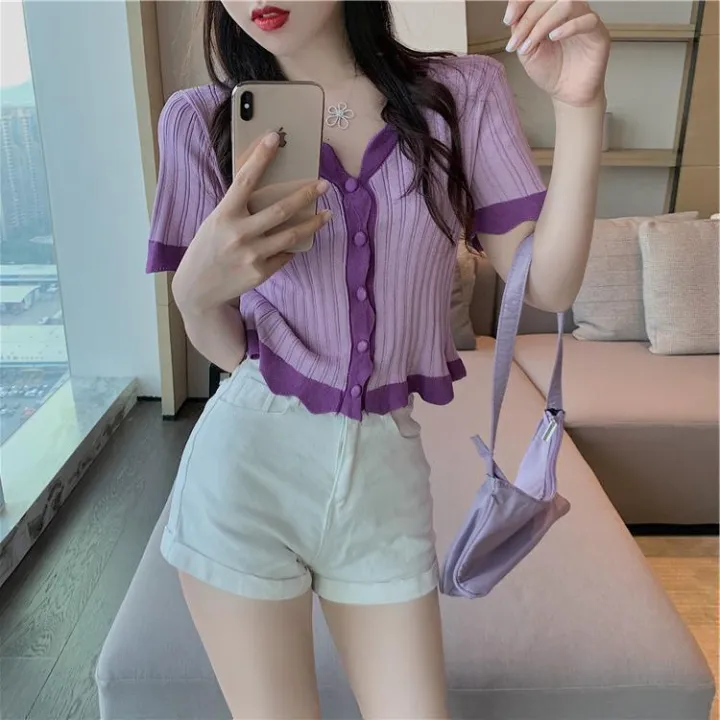 v%20Collar%20T%20T-shirt%20Short-Sleeved%20Summer%20Clothes%20Hot%20Girl%20Ice%20Silk%20Knitted%20Cardigan%20Design%20Sense%20Navel%20Purple%20Short%20Top%20Niche%20Style%20-%20Image%205