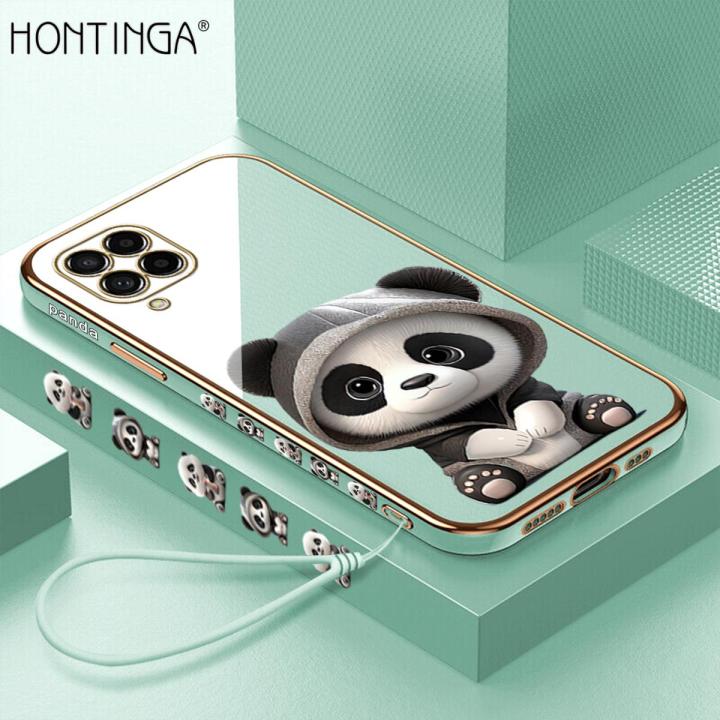 Hontinga for Samsung Galaxy M53 5G Back Cover With Free Strap Luxury 6D Plating Cute Panda Side Pattern Case Soft Silicone Square Mobile Cover