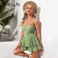 Beiyingni Spaghetti Strap Dresses For Women's Bandage Bow Tie Ruffles Female Mini Dress Summer Casual Green A-line Vestidos.