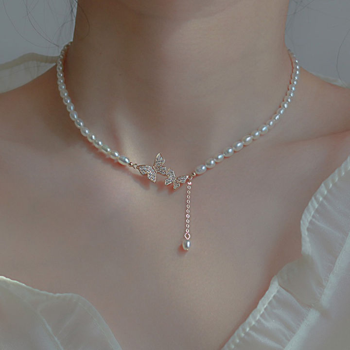 Fashionable Trendy Butterfly Pendant Pearl Choker Necklaces for Girls Simple Stylish - Pearl Adjustable Women Necklace Jewelry Accessories Gift for Women Simple New Collection 2025