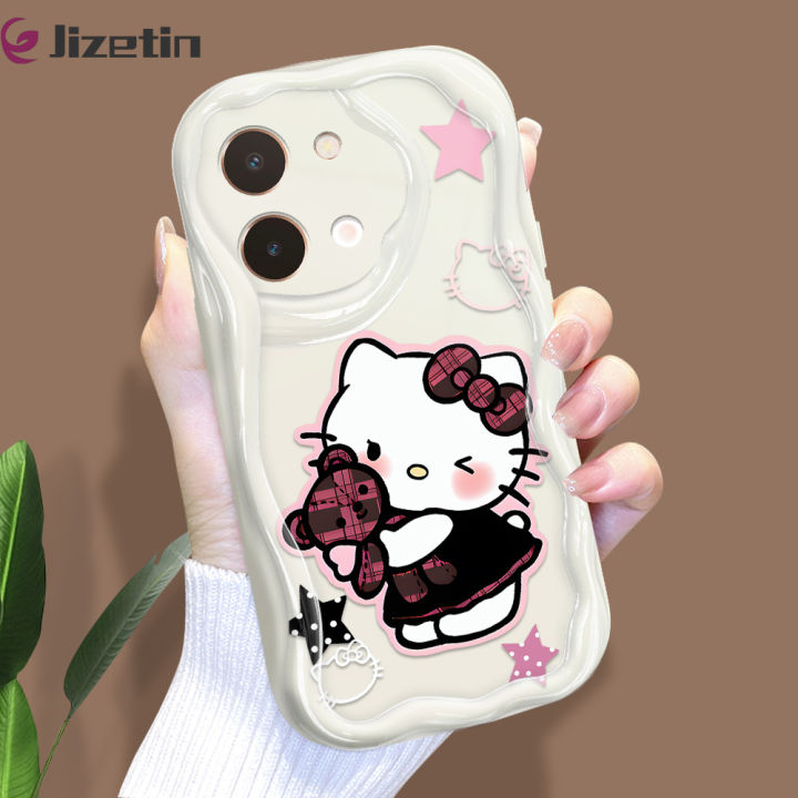 Jizetin for Vivo Y28 4G Back Cover Sweet Cool KT Cat Cream Wavy Edge Soft Silicone Phone Case
