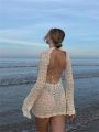 Boho Summer Backless Tie-up Mini Beach Dress Holiday Women Long Sleeve Round Neck Hollow Out Knitted Mini Dress Bikini Cover-ups.