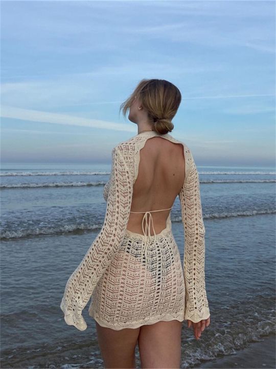 Boho%20Summer%20Backless%20Tie-up%20Mini%20Beach%20Dress%20Holiday%20Women%20Long%20Sleeve%20Round%20Neck%20Hollow%20Out%20Knitted%20Mini%20Dress%20Bikini%20Cover-ups%20-%20Image%202