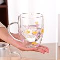 Heat Resistant Dry Flowers Cup High Borosilicate Glass Simple Double Wall Glass Cup With Handle Floral Trends Espresso Milk Mug. 