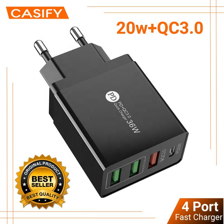 CASIFY MU01 PD 20W QC18W 4-Port Adapter Fast Charger PD 20W USB C Charger 18W USB Fast Charger Wall Charger EU Plug