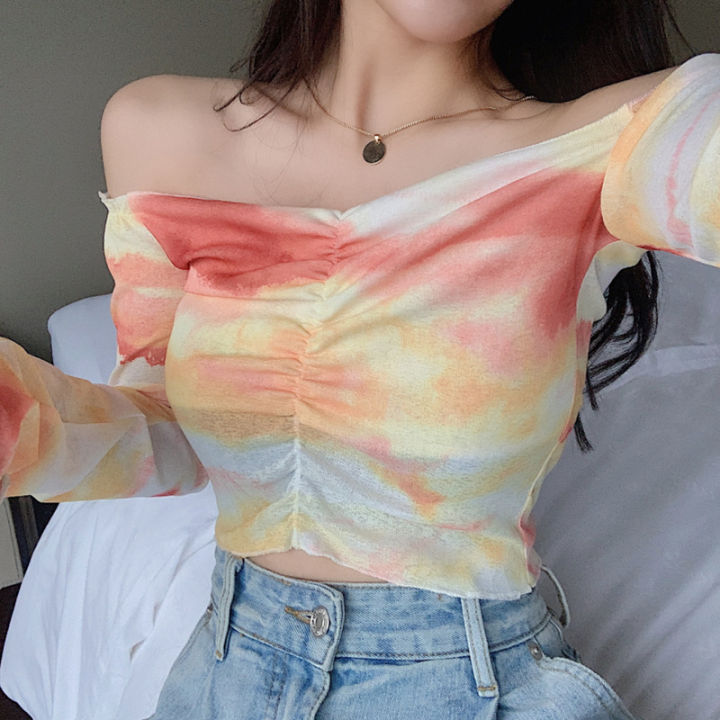 Women%20Casual%20Long%20Sleeve%20T-shirt%20Fashion%20Tie-dye%20Printed%20Boat%20Neck%20Exposed%20Navel%20Tops%20-%20Image%205