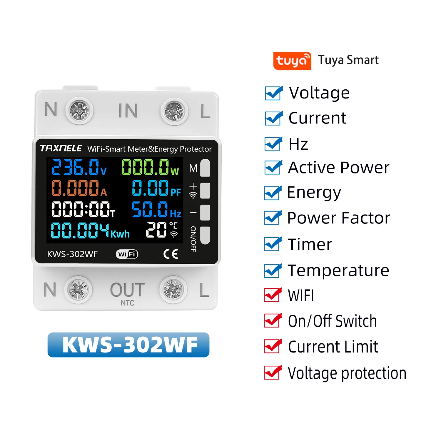 TUYA WiFi Smart Power Meter Over Under Voltage Protection Relay Switch Circuit Breaker Energy kWh Temperature Meter Smart Life
