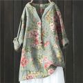 2024 Vintage Floral Art Print Linen Shirts Summer Women Casual Trendy V Neck Dressy Blouses Long Sleeve Button Tunic Long Tops.