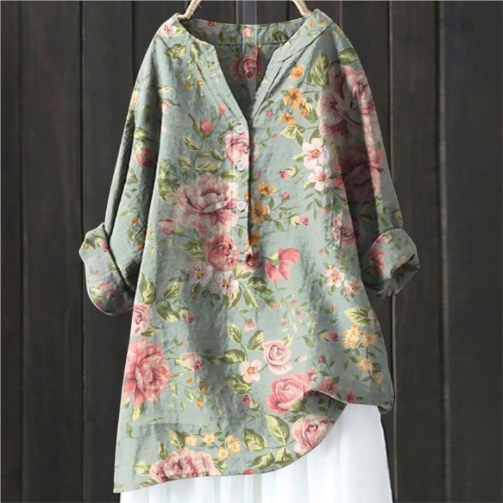 2024 Vintage Floral Art Print Linen Shirts Summer Women Casual Trendy V Neck Dressy Blouses Long Sleeve Button Tunic Long Tops