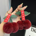 【Sakura for you】Real otter rabbit fur small cherry car keychain pendant cute plush ball bag ornament. 