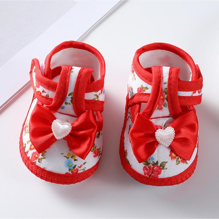 Newborn Baby Flower Print Shoes Summer Baby Girl Cute Bow Floral Print Breathable Princess Shoes Soft Sole Flat Anti-Slip Sandals (0-12 Month)