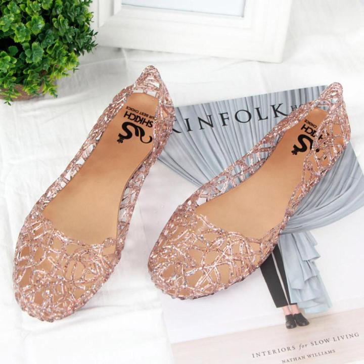 NEW Women's Summer Beach Jelly Sandals Slip On Flats Hollow Casual Breathable Pumps Korean version Flat Sandals  Women Jelly Pointy Shoes Gift for Ladies Girls