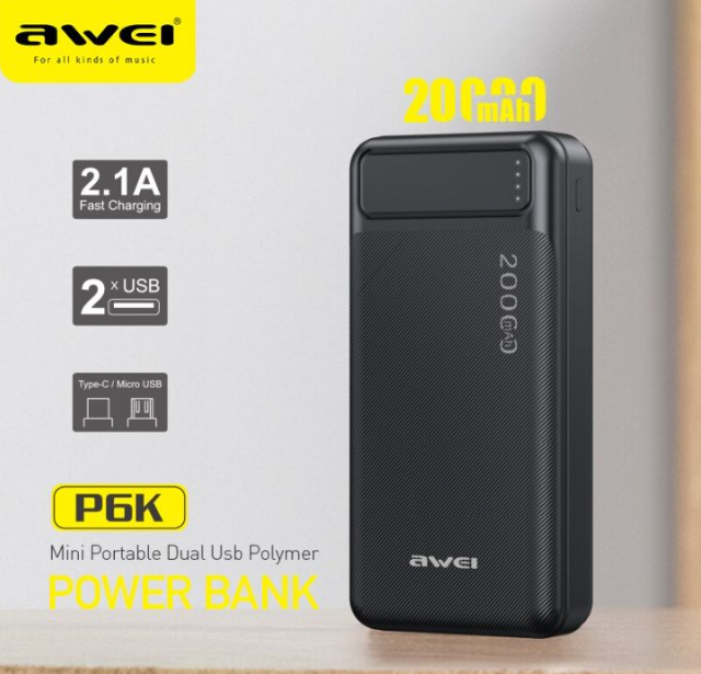 Awei%20P6K%2020000mAh%20Fast%20Charging%20Dual%20USB%20Port%20Powerbank%20Micro%20USB%20and%20Type%20C%20Input%20Power%20Bank%20Black%20-%20Image%204