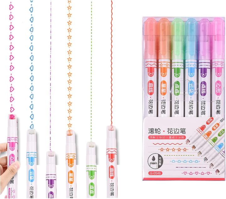 Curve Highlighter Pen, Colored Curved Pens for Note Taking,Dual Tip Pens with 6 Different Curve Shapes Fine Tips, Dual Tip Pens with Different Curve Shapes