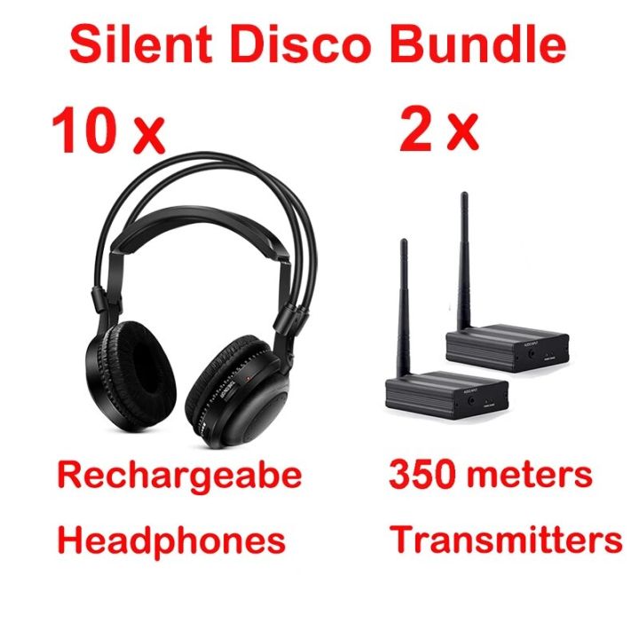 RF 350m Ultra Low Bass 10pcs Classical Silent Disco Wireless Headphones with 2 Transmitters- For DJ Music Pary Club Meeting