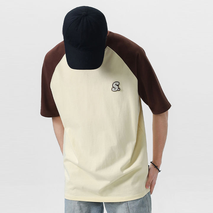 STARaglan Men2023Spring and Summer Embroidery Velcro National Fashion Pure Cotton American Style Loose round NeckTWomen's T-shirt