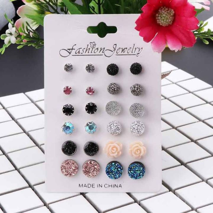 12 Pairs New Fashion Assorted Crystal Druzy Resin Stone Round Earrings Set