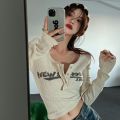 Sweet and Spicy T T-shirt Women's Half-Open Collar Button Short Navel Letter Print Slim Fit Fashion ins Hot Girl Long-Sleeved Shirt Autumn.