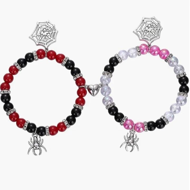 2Pcs/set Spider Superhero Friendship Bracelets Halloween Couple Bracelet Heart Energy Stone Beads Charm Bangle for Women Girl