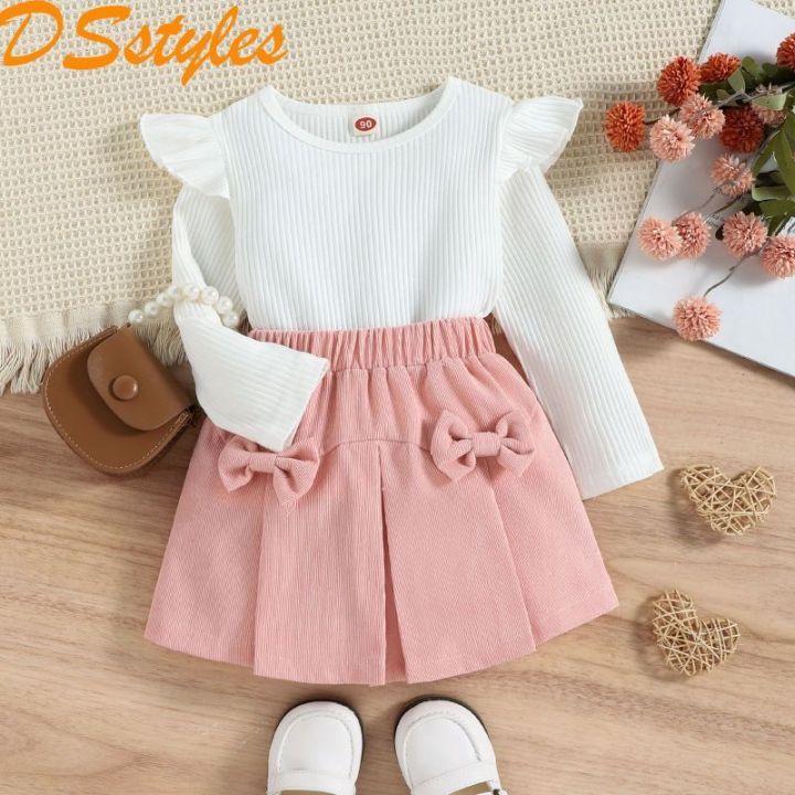 DSstyles 2 Pieces Baby Girls Skirt Set Cute Long Flying Sleeves Round Neck Tops Pleated Skirt With Bowknot Cotton Outfits For Girls