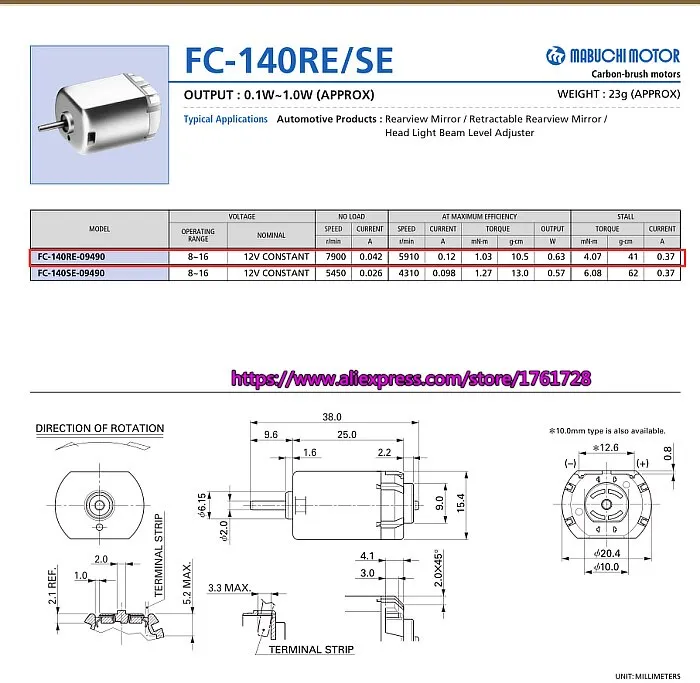 Espejo Plegable Para Automóvil Mabuchi FC-140RE-09510 DC 12V Cepillo De