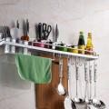 Wall Mounted kitchen hanging Rack Shelf Aluminum Spice Rack with Hook Seasoning Organizer Knife Storage Utensil. 