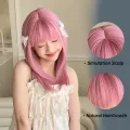 Medium Length Pink Layered Synthetic Wigs with Bangs Colorful Hair Pink Straight Wig for Cosplay Party Heat Resistant Fiber. 