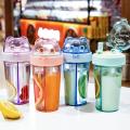 420ml Children Double Straws Water Bottle Outdoor Portable Bottle Student Couple Plastic Cup Gift Dual Use Drinking Water Kettle.