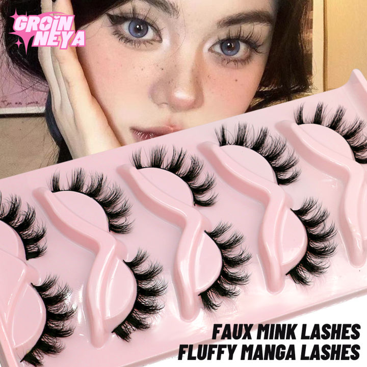 GROINNEYA Fluffy Lashes 5 Pairs 3D Faux Mink Lashes Fluffy Soft Wispy Volume Natural long False Eyelashes Reusable Eyelashs Make