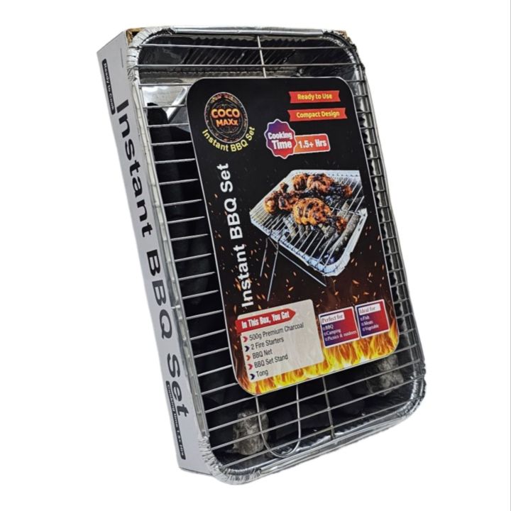 Portable BBQ Set AKA Instant Barbecue Set - Comes with 500gm premium charcoal, BBQ Net, stand & Tong & 2 Free Fire Starter