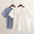 Women Plaid Shirt Long Sleeve Spring Summer Tops Ladies Japanese Mori Girl Peter pan Collar Cute Baby doll Cotton White Blouses. 