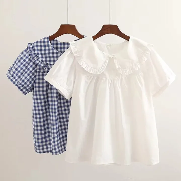 Women%20Plaid%20Shirt%20Long%20Sleeve%20Spring%20Summer%20Tops%20Ladies%20Japanese%20Mori%20Girl%20Peter%20pan%20Collar%20Cute%20Baby%20doll%20Cotton%20White%20Blouses%20-%20Image%202