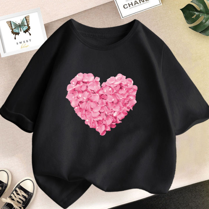 Pink Heart Flower Print Girls Tshirt Casual Cute T-Shirt Gift Yong Girl  Fashion Floral Kids Summer Clothes