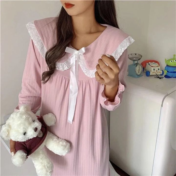 2024%20New%20Korean%20Ruffles%20Night%20Dress%20for%20Women%20Lace%20Sleepwear%20Womens%20One%20Piece%20Pajamas%20Autumn%20Long%20Sleeve%20Square%20Collar%20Wear%20Home%20-%20Image%203