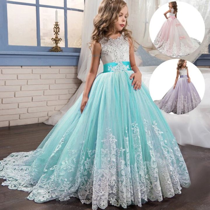 Girls Formal Dress Long Bridesmaid Kids Dresses For Girls Teen Children  Princess Party Wedding Gown Evening Lace Tailing Vestido