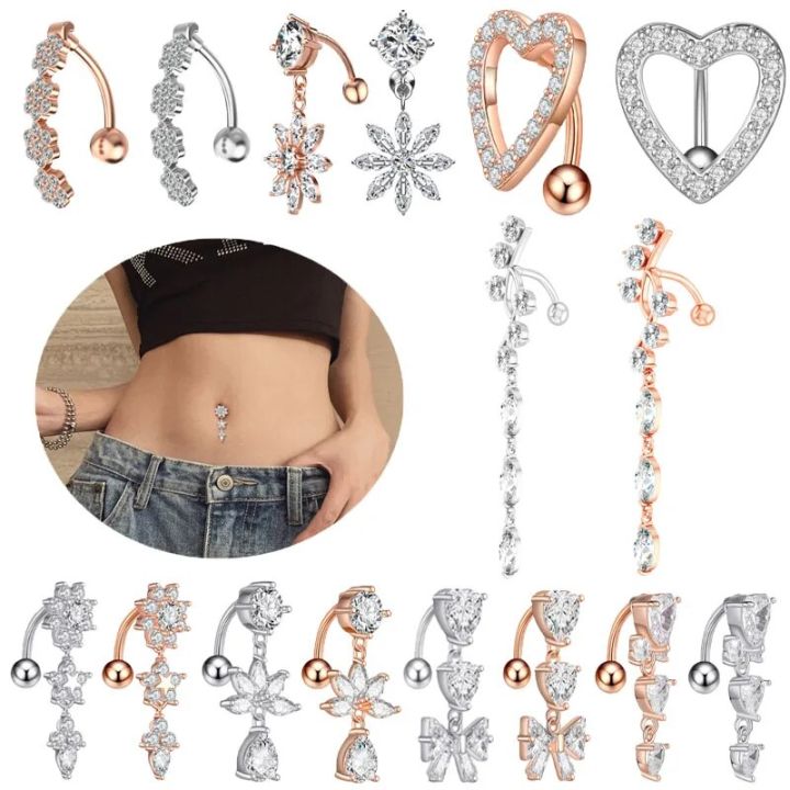 Fashion Women Top Down Belly Rings Sugical Steel Cubic Zirconia Heart Bow Water Drop Belly Button Rings Belly Piercing