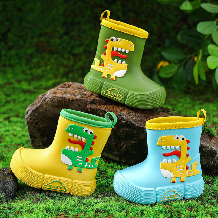 Children's rain boots, cute dinosaur kids, water shoes, boys, girls, medium cut rain boots, velvet anti-slip waterproof baby rain boots