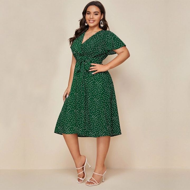 DOIB%20Women%20Plus%20Size%20Dress%20Gree%20White%20Polka%20Dot%20V%20Neck%20Sashes%20Large%20Size%20Dress%202020%20Summer%20Split%20Oversize%20Female%20Dress%204XL%20-%20Image%204