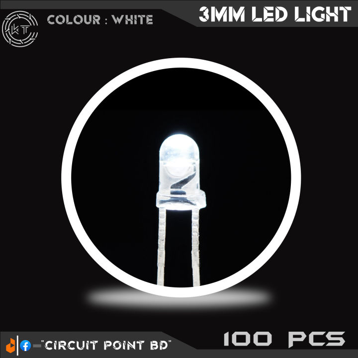 3mm White LED Light Clear Transparent (Bright) 100 Pcs Pack. Indicator LED, Lighting or General Purpose LED.