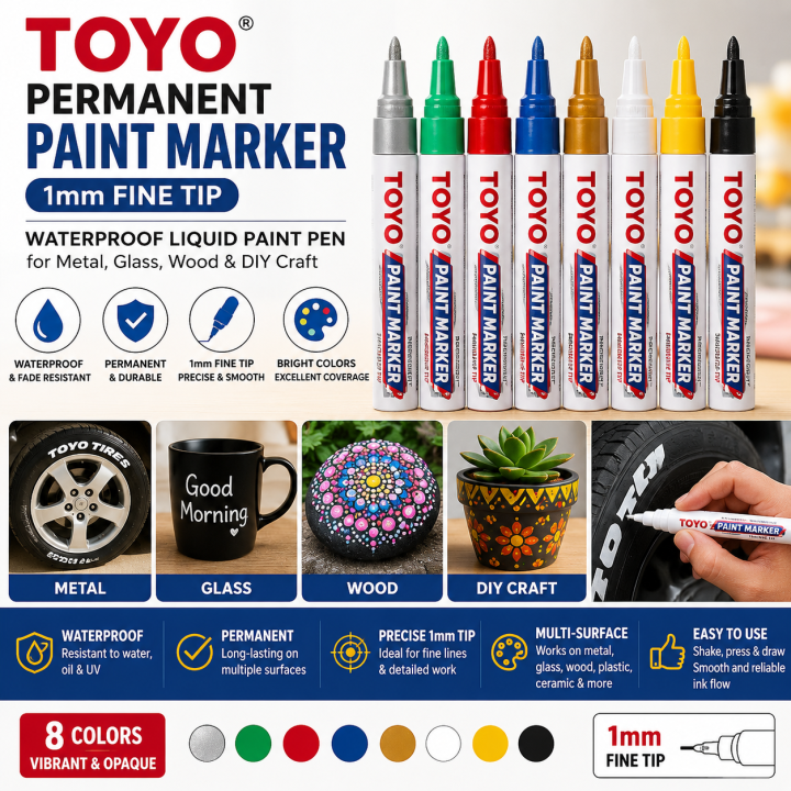 Toyo Permanent Paint Marker 1mm Fine Tip Waterproof Liquid Paint Pen for Metal Glass Wood & DIY Craft