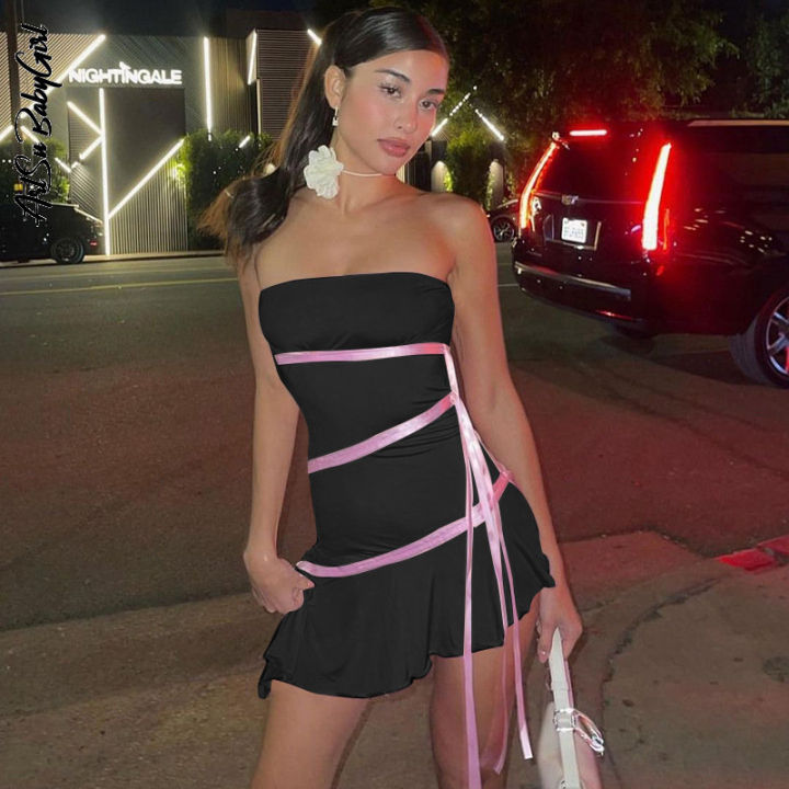 Dresses%20Ladies%202023%20Ribbon%20Strapless%20Mini%20Dress%20Y2K%20Streetwear%20Slim%20Solid%20Color%20Festival%20Outfits%20Pink%20Dress%20Summer%20Women%20Clothes%20-%20Image%204