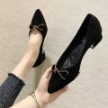 Chunky heel pointed-toe shoes 2024 Summer New Fairy Wanwan Lei Style Gentle Mid Heel Fairy Lady Black High Heels.