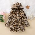1-5Y Kids Girls Leopard Plush Coat Baby Autumn Winter Clothing Long Sleeve Elastic Waist Zip-Up Hooded Jacket Children Outerwear. 