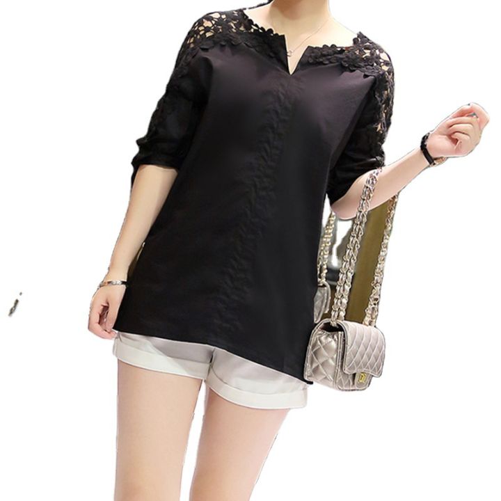 2023%20Summer%20New%20off-the-Shoulder%20Shirt%20Large%20Size%20Women's%20Loose%20Korean%20Style%20Hollow%20Top%20Shirt%20Lace%20Bottoming%20Shirt%20-%20Image%205