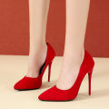 Big Size 35-45 women's shoes 2021 concise flock high heels women pumps pointed toe classic red gray ladies wedding shoes office.